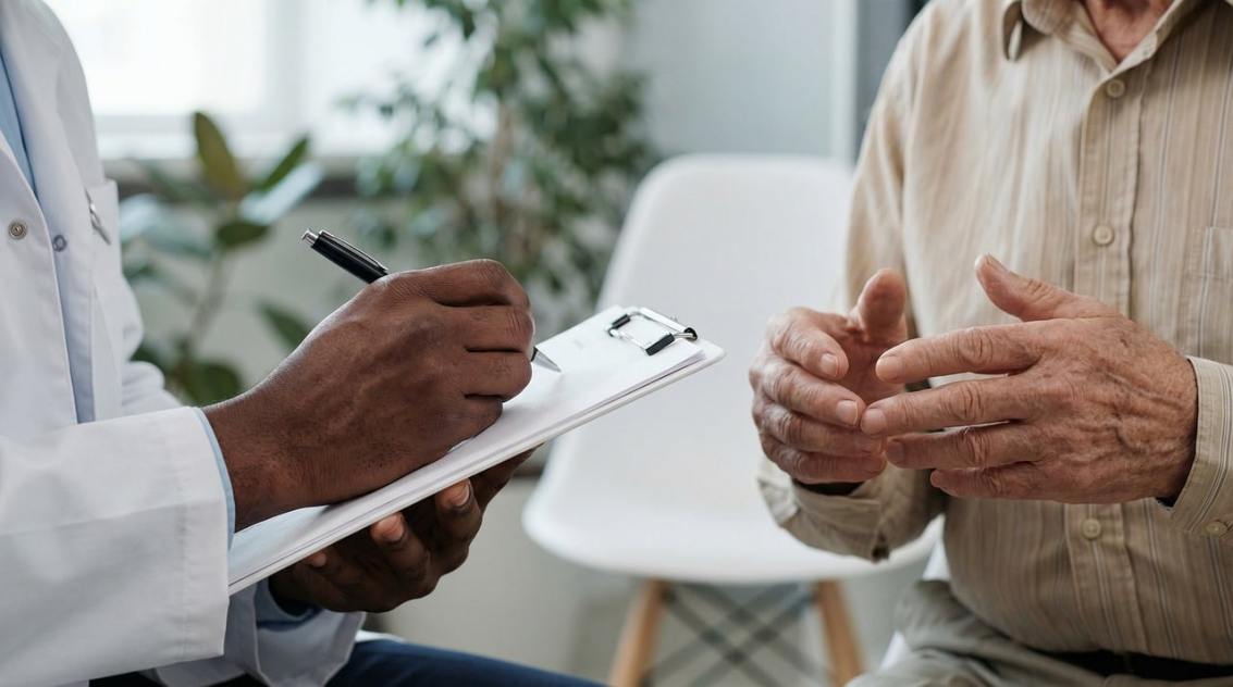 Doctor consulting with a patient in a modern private healthcare practice